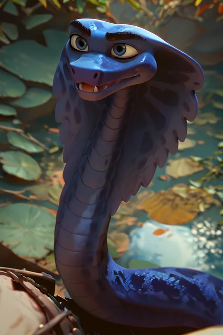 score_9, score_8_up, score_7_up, score_6_up, high angle, Snake, reptile, blue and dark blue scales, male, blue eye, forest background,  <lora:Ajar_Sahara_2017_PonyXL:1>