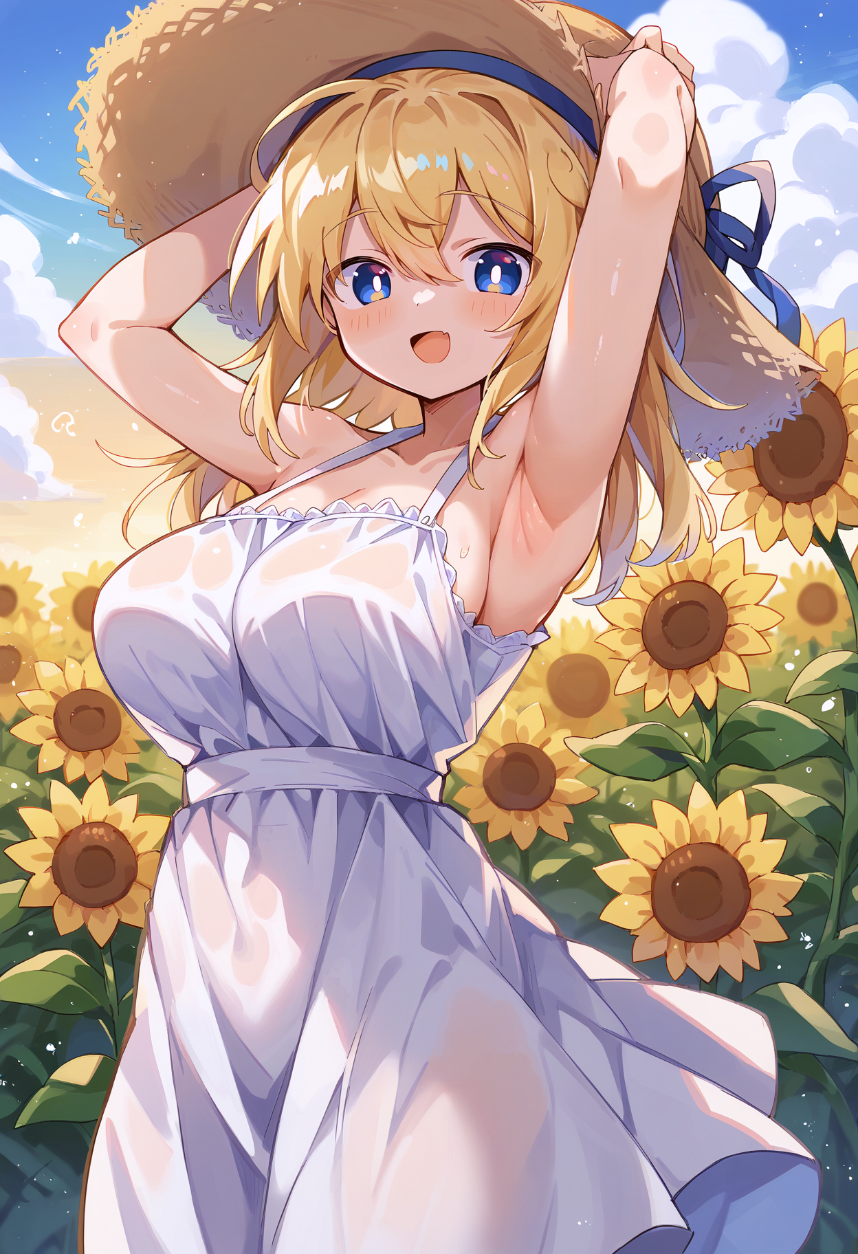 score_9, score_8_up, score_7_up, flower field, sunflower, sunflower field, sunset,
BREAK
source_anime,
BREAK
1girl, sundress, sunhat, blonde hair, large breasts, see-through silhouette, happy, hair between eyes,
arms up, armpits, light smile,
 <lora:Uenomigi-v1-PDXL:1>