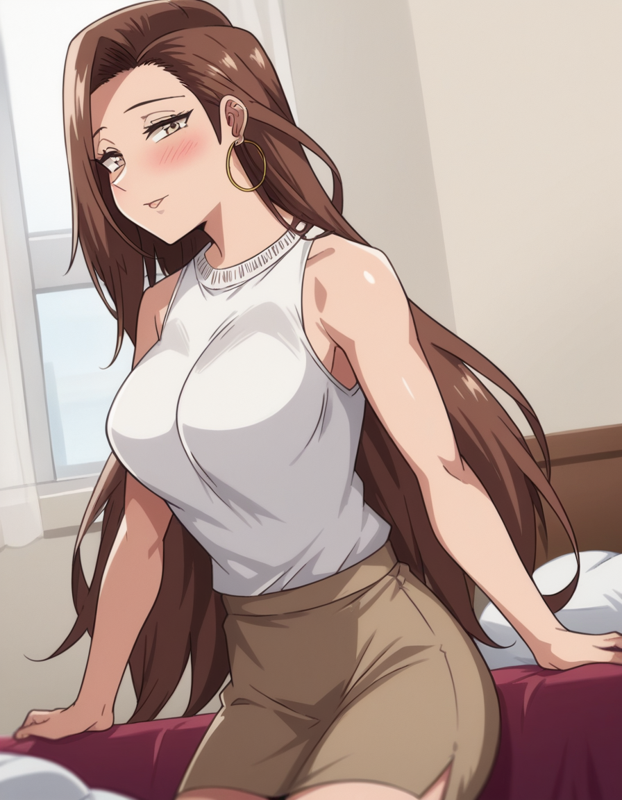 score_9, score_8_up, score_7_up, source_anime, <lora:risa-hamazaki-ova-ponyxl-lora-nochekaiser:1>, risa hamazaki, long hair, brown eyes, brown hair, large breasts,, skirt, shirt, jewelry, white shirt, earrings, sleeveless, brown skirt, hoop earrings,, indoors, bed, bed room, on side, blush, drunk, looking at viewer, solo,, cowboy shot, dutch angle
