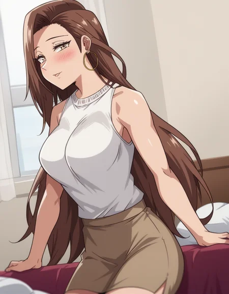 score_9, score_8_up, score_7_up, source_anime, <lora:risa-hamazaki-ova-ponyxl-lora-nochekaiser:1>, risa hamazaki, long hair, brown eyes, brown hair, large breasts,, skirt, shirt, jewelry, white shirt, earrings, sleeveless, brown skirt, hoop earrings,, indoors, bed, bed room, on side, blush, drunk, looking at viewer, solo,, cowboy shot, dutch angle