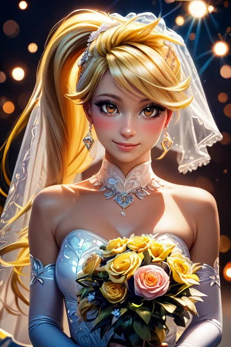 score_9, score_8_up, score_8, medium breasts, (curvy), cute, eyelashes, BREAK, , zzYellow, brown eyes, blonde hair, long hair, ponytail, bangs, <lora:Yellow_Pokemon_PDXL_v2:0.8>, , BREAK, (ultra realistic,32k, masterpiece:1.2),(high detailed skin:1.1),( high quality:1.1), curvy, head tilt, hearts, blush, lips, curvy, head tilt, shiny clothes, (upper body), looking at viewer, bokeh, luminescent background, smile, looking at viewer, bride, wedding dress, bridal veil, strapless dress, elbow gloves, holding bouquet, hearts, white outline, cowboy shot, embedding:zPDXL, Expressiveh, <lora:RlAnmPDXL:1.0>,