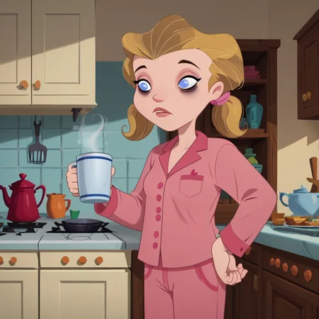 score_9, score_8_up, score_7_up, 1girl, solo,
pale-skin, light blue eyes, medium-length blonde hair, pigtails with pink hair ties, pink pajamas, 
 perfect hands, show accurate, perfect anatomy, med body,
indoors, small perky breasts, kitchen, hand on hip, loose clothing, holding a cup of coffee in hand, sleepy eyes, bags under eyes, loose clothes,