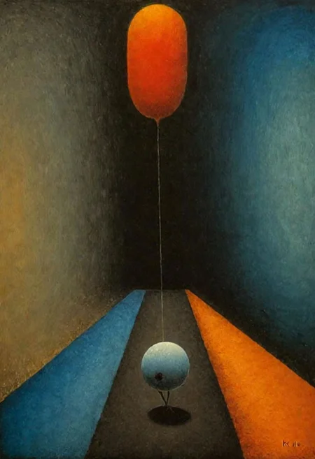 Style by Pawel Kuczynski and Joan Miro and Graham Sutherland, surreal abstract art, nightmare residue of dark shine, abstract shy ibis paradoxes, depth of field, red, orange and blue color palette, unsettling, asymmetric abstractions, expansive, surreal masterpiece, juxtaposition of the uncanny and the banal, sharp focus, smooth, never seen before