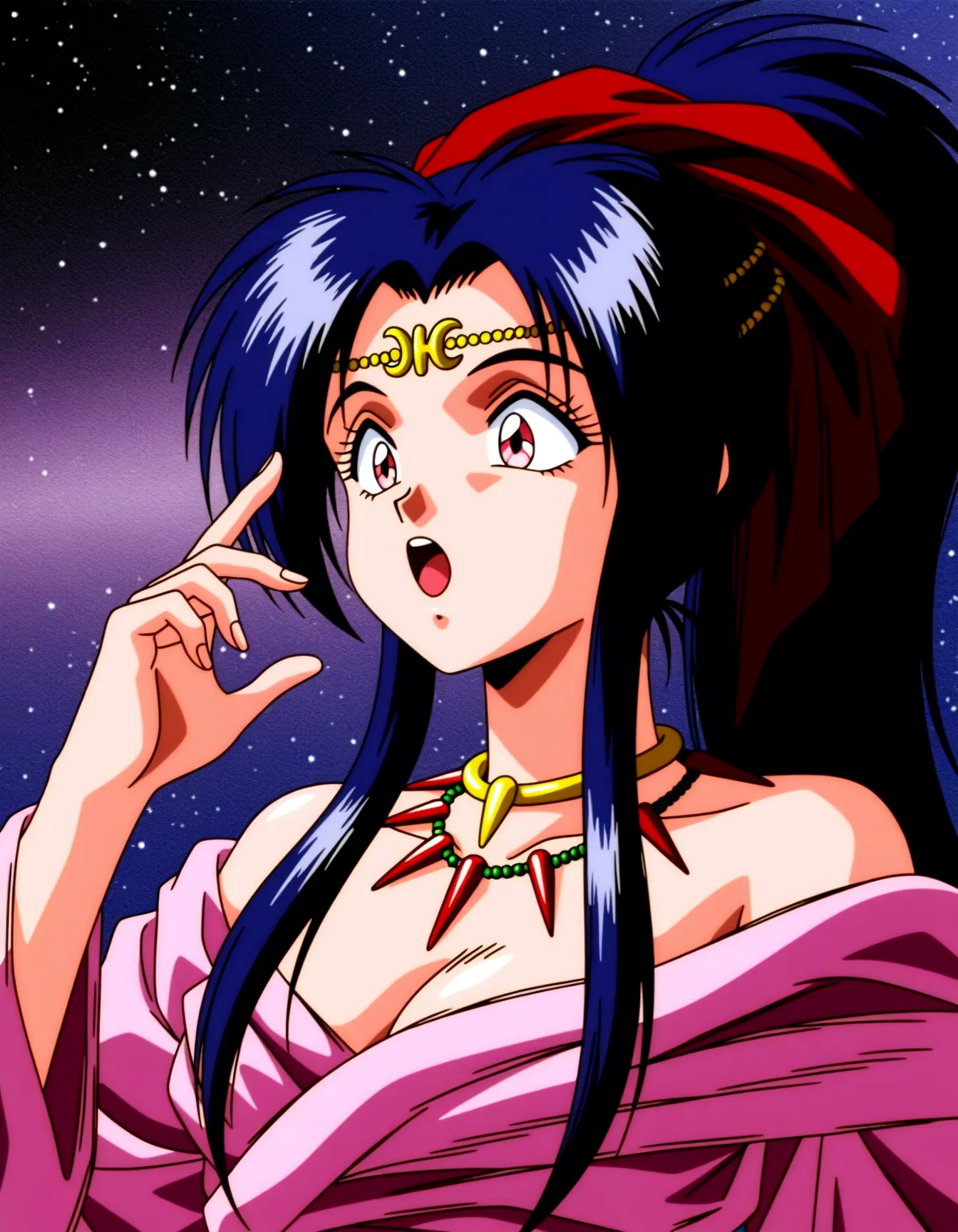 1girl, solo, <lora:kaguyaNBXL:0.75> aakaguya, pink eyes, blue hair, ponytail, long hair,  necklace, jewelry,  breasts,cleavage, bare shoulders, sidelocks, circlet, 1990s \(style\), retro artstyle, 
 looking surprised, wide eyes, slightly open mouth, off-shoulder golden top with long loose sleeves, thin black straps, deep cleavage, golden choker necklace with spiked details, intricate golden forehead ornament, soft lighting, space background with floating stars, ethereal and mystical atmosphere, anime aesthetic
<lora:NoobV065sHyperDmd:1> masterpiece, best quality, very aesthetic, absurdres, newest