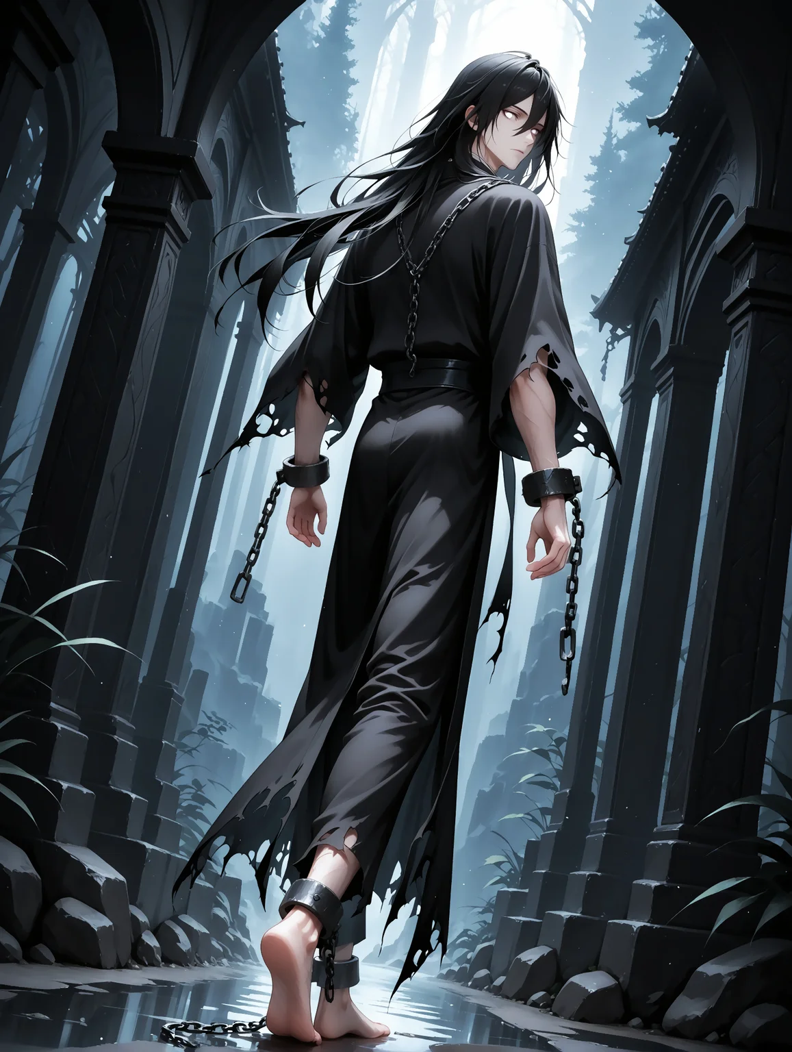 masterpiece, very aesthetic, best quality, amazing quality, dynamic angle, solo, imtdwenningz, 1boy, long hair, black hair, chains, cuffs, torn clothes, robe, black robe, shackles, white eyes, hair between eyes, black pants, barefoot, long sleeves, japanese clothes. full body, outdoor, from behind, walking, standing, looking back, expressionless, fantasy background, dark background, gothic background
