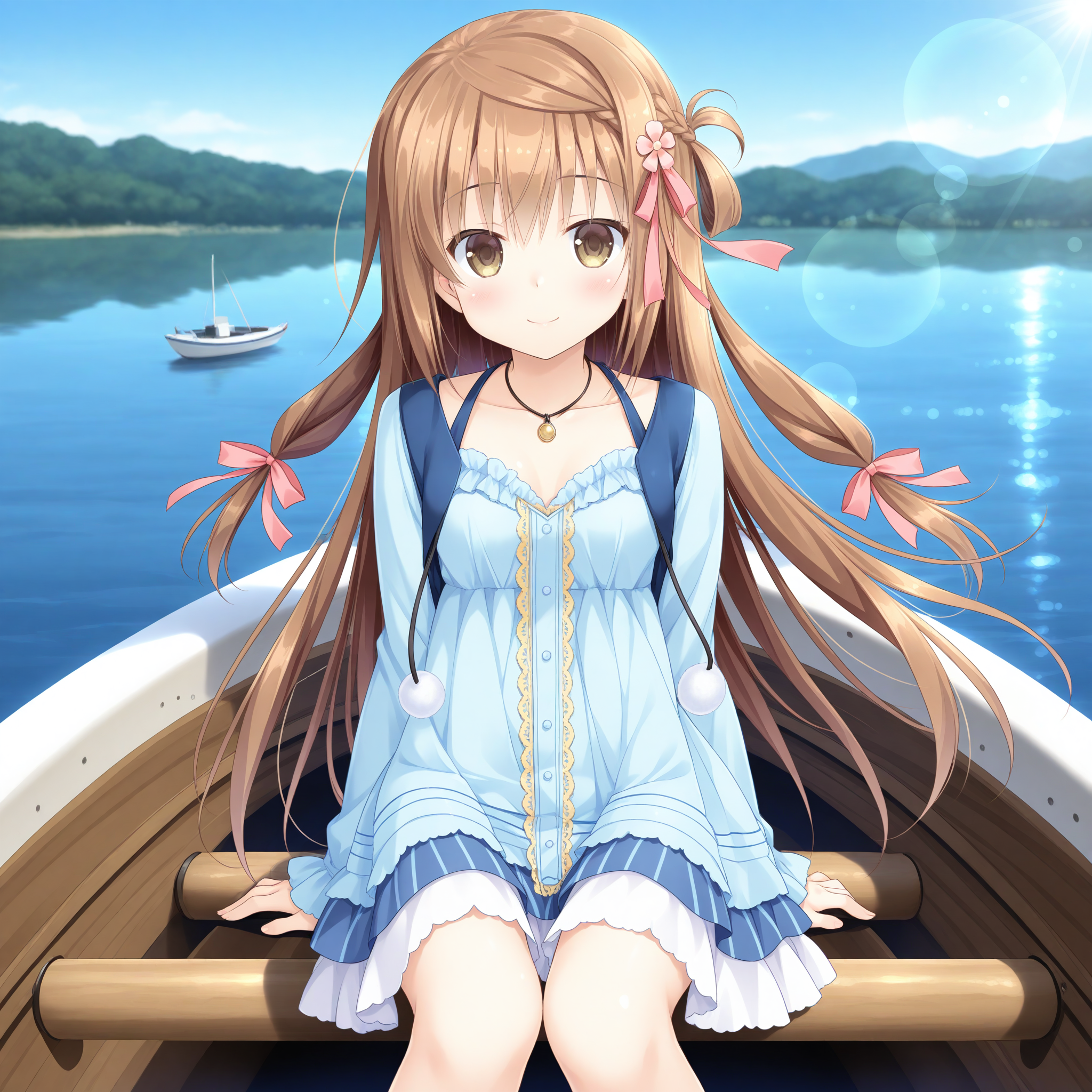 <lora:Mashiro_Yuka_1_nai-000041:1>,Mashiro Yuka,braid,hair ribbon,pink ribbon,hair flower,pink flower,
necklace,jewelry,frills,long sleeves,pom pom \(clothes\),blue dress,layered dress,white skirt,
BREAK
1girl,solo,smile,lake,front view,looking at viewer,sitting,arms at sides,day,sky,depth of field,lens_flare,boat,wooden boat,on boat,