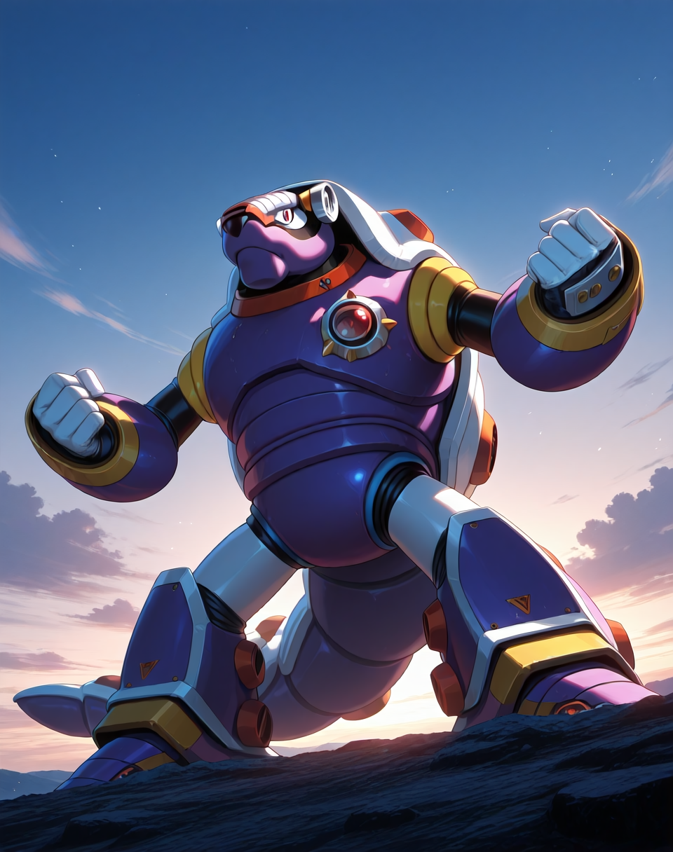 <lora:Armored_Armadillo_(Mega_Man_X)_(Illustrious)_(AD):1.35> Armored Armadillo, reploid, MMX, 
exterior, video game background, sky with clouds, 
male focus, intense shadows, dynamic shadows, intricate details, attention to details, gradient coloring, robot, 
BREAK very awa, masterpiece, best quality, amazing quality, very aesthetic, highres, absurdres, 
EZRealPONYXL, zPDXL, Smooth Quality, lazynsfw,