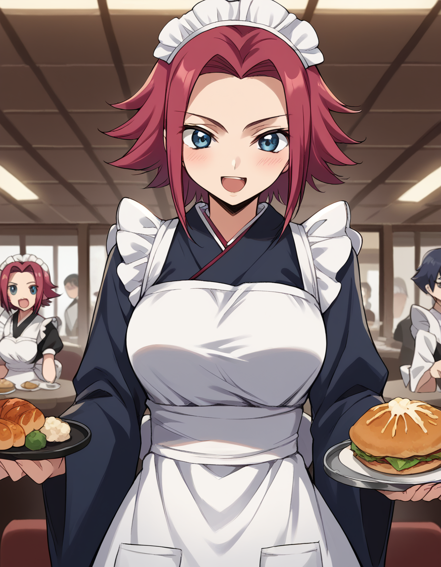 score_9, score_8_up, score_7_up, source_anime, <lora:kallen-stadtfeld-s1-ponyxl-lora-nochekaiser:1>, kallen stadtfeld, blue eyes, red hair, short hair, large breasts,, <lora:wa-maid-ponyxl-lora-nochekaiser:1>, wa maid, maid, maid headdress, apron, white apron, frilled apron, maid apron, kimono, japanese clothes, frilled kimono, holding tray, tray, food,, indoors, restaurant, smile, blush, open mouth,,