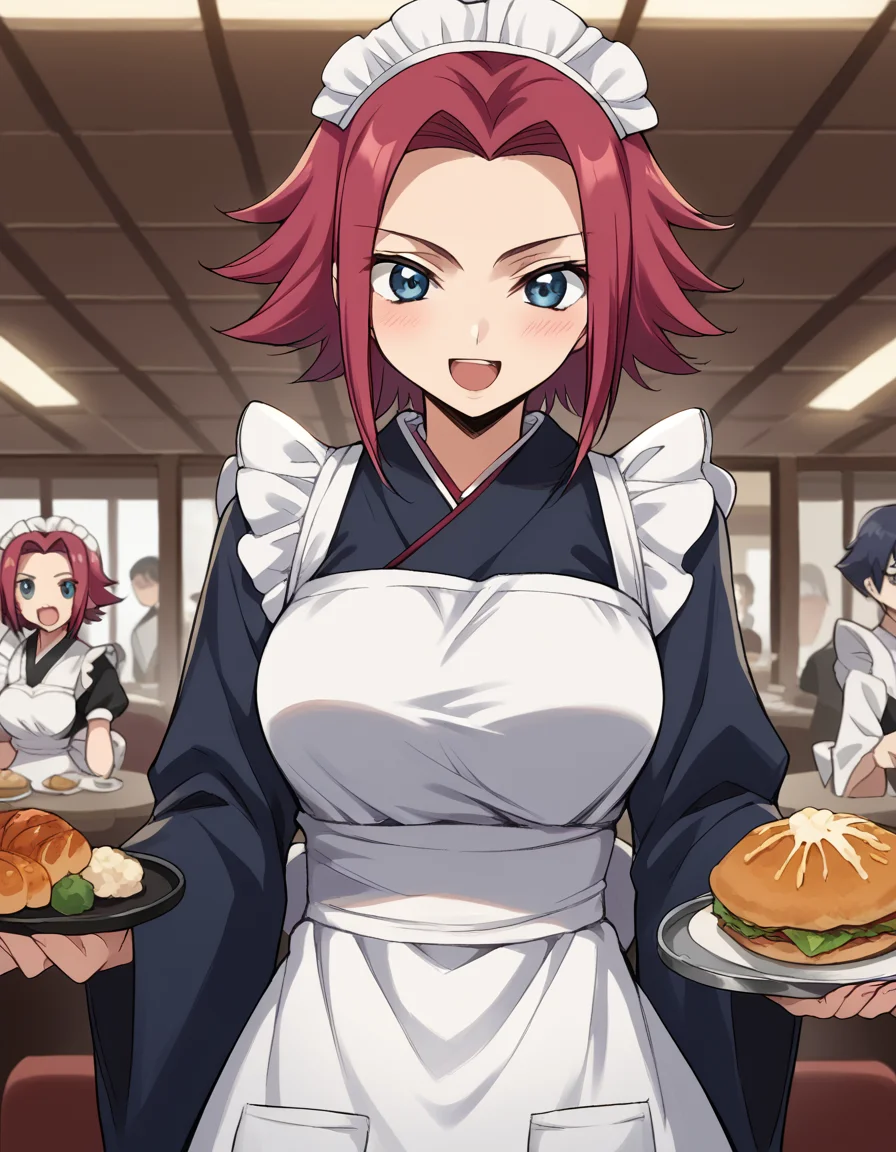 score_9, score_8_up, score_7_up, source_anime, <lora:kallen-stadtfeld-s1-ponyxl-lora-nochekaiser:1>, kallen stadtfeld, blue eyes, red hair, short hair, large breasts,, <lora:wa-maid-ponyxl-lora-nochekaiser:1>, wa maid, maid, maid headdress, apron, white apron, frilled apron, maid apron, kimono, japanese clothes, frilled kimono, holding tray, tray, food,, indoors, restaurant, smile, blush, open mouth,,