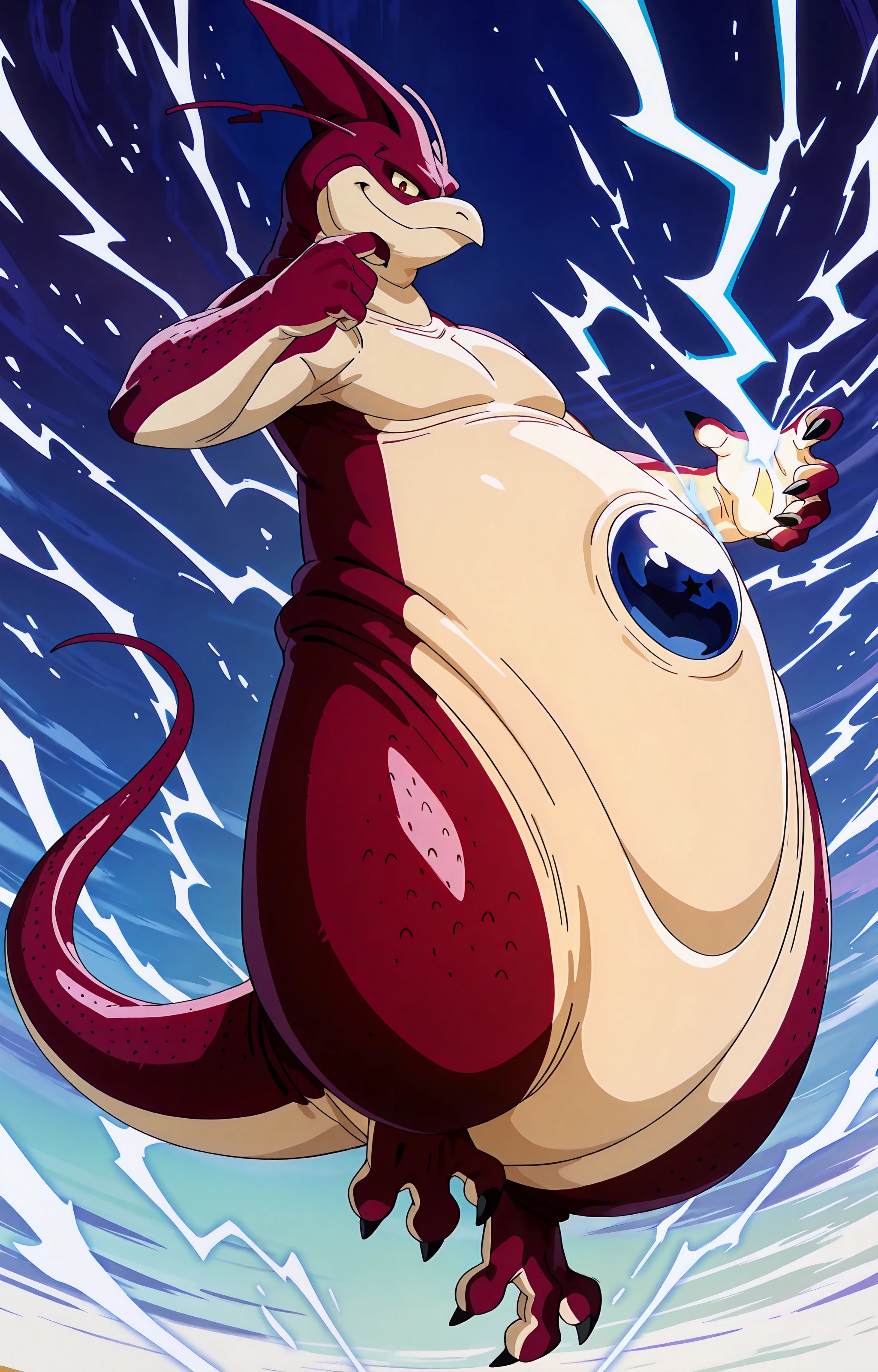 masterpiece, ultra-detailed, best quality, newest, absurdres, anime screenshot, shaded, fully rendered BREAK, rageshenron, small, male, belly fold, skin folds, leg raised, tail, thick thighs, 3 toes, 3 digits, BREAK, hand on chin, snob, smirk, looking at viewer, close view, side view, levitating subject, BREAK, wide white lightning aura, white lightning, full body, abstract blue background, solo