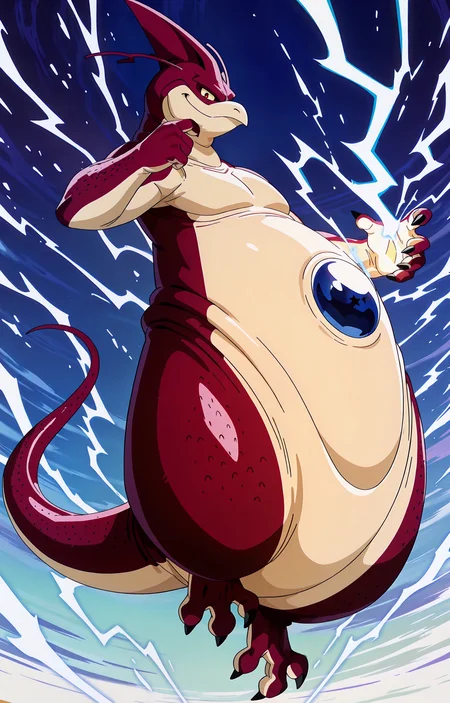 masterpiece, ultra-detailed, best quality, newest, absurdres, anime screenshot, shaded, fully rendered BREAK, rageshenron, small, male, belly fold, skin folds, leg raised, tail, thick thighs, 3 toes, 3 digits, BREAK, hand on chin, snob, smirk, looking at viewer, close view, side view, levitating subject, BREAK, wide white lightning aura, white lightning, full body, abstract blue background, solo