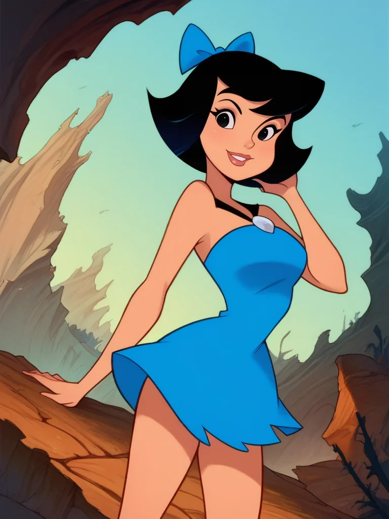 score_9, score_8_up, score_7_up, 1girl, dynamic pose, cowboy shot, looking at viewer, detailed background, smile, hand on hair, light smile, cavern, vegetation, blue walls, dutch angle,
<lora:ABettyRubble_character:0.85>, BettyXLP, short hair, hair bow, black hair, black eyes, blue short dress, bare legs, makeup, cartoon, <lora:Disney_Renaissance:0.8>
