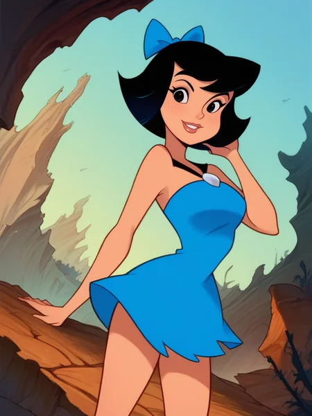 score_9, score_8_up, score_7_up, 1girl, dynamic pose, cowboy shot, looking at viewer, detailed background, smile, hand on hair, light smile, cavern, vegetation, blue walls, dutch angle,
<lora:ABettyRubble_character:0.85>, BettyXLP, short hair, hair bow, black hair, black eyes, blue short dress, bare legs, makeup, cartoon, <lora:Disney_Renaissance:0.8>
