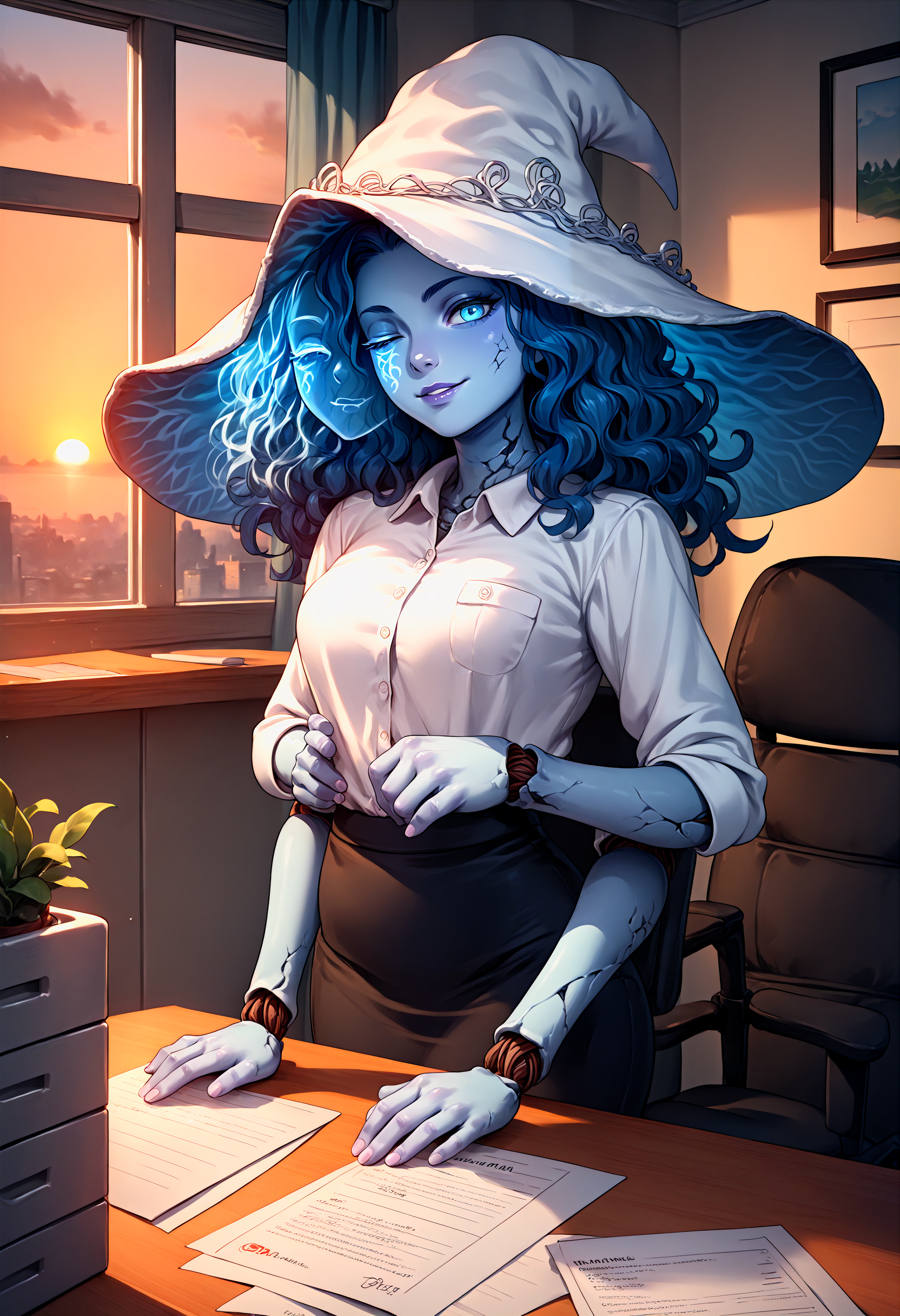 score_9, score_8_up, score_7_up, source_anime, 1girl,  <lora:Ranni_XLPD_CAME:1>, IncrsXLRanni, wavy hair, cracked skin, colored skin, blue skin, (extra faces), (extra arms), doll joints, witch hat, office lady, office, office chair, table, window, sunset, seductive smile,