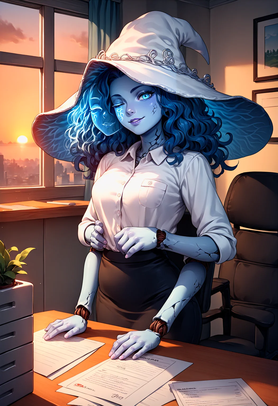 score_9, score_8_up, score_7_up, source_anime, 1girl,  <lora:Ranni_XLPD_CAME:1>, IncrsXLRanni, wavy hair, cracked skin, colored skin, blue skin, (extra faces), (extra arms), doll joints, witch hat, office lady, office, office chair, table, window, sunset, seductive smile,