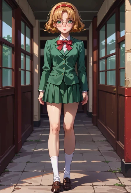 score_9, score_7_up, source_anime, solo, BREAK AEFuuDef, green eyes, curly hair, parted bangs, short hair, glasses, rimless eyewear, round eyewear, red hairband, school uniform, green jacket, blazer, long sleeves, collared shirt, white shirt, red bowtie, green skirt, miniskirt, pleated skirt, white socks, kneehighs, brown footwear, loafers,
standing, smile, <lora:AEFuu-000009:0.8>