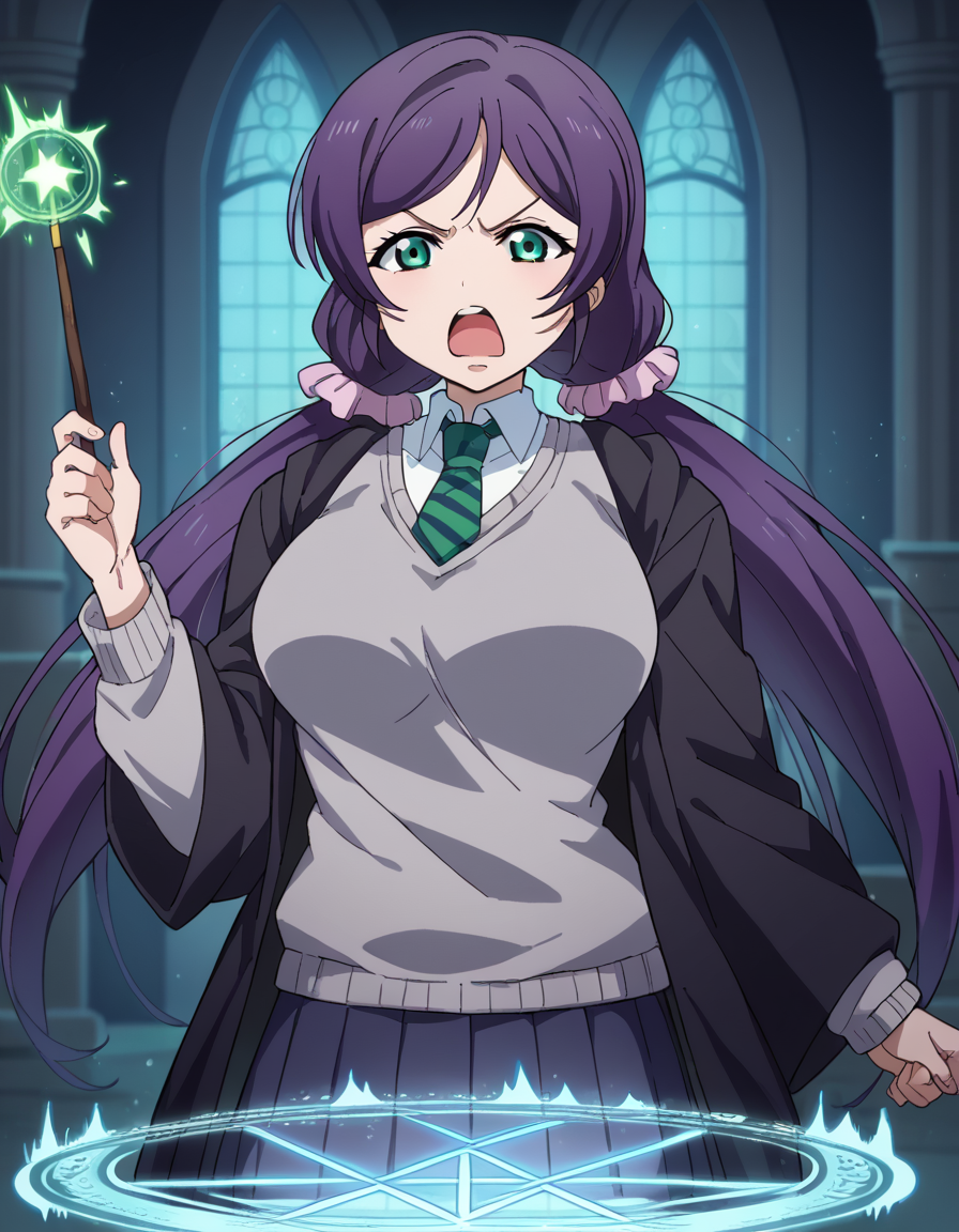 score_9, score_8_up, score_7_up, source_anime, <lora:nozomi-toujou-ponyxl-lora-nochekaiser:1> nozomi toujou, green eyes, purple hair, twintails, low twintails, scrunchie, long hair, large breasts, <lora:hogwarts-school-uniform-ponyxl-lora-nochekaiser:1> hogwarts school uniform, black robe, holding wand, wand, necktie, striped necktie, collared shirt, sweater, pleated skirt, grey sweater,, open mouth, casting spell, energy, magic circle, glowing, indoors, castle, shouting, angry,, cowboy shot,