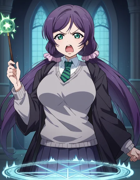 score_9, score_8_up, score_7_up, source_anime, <lora:nozomi-toujou-ponyxl-lora-nochekaiser:1> nozomi toujou, green eyes, purple hair, twintails, low twintails, scrunchie, long hair, large breasts, <lora:hogwarts-school-uniform-ponyxl-lora-nochekaiser:1> hogwarts school uniform, black robe, holding wand, wand, necktie, striped necktie, collared shirt, sweater, pleated skirt, grey sweater,, open mouth, casting spell, energy, magic circle, glowing, indoors, castle, shouting, angry,, cowboy shot,
