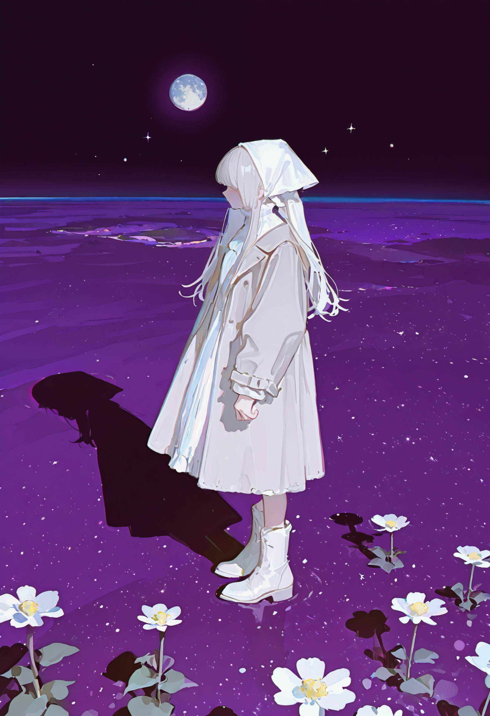 <lora:NzQ4Y20=-illustriousXL_v01_V1-CAME-000035>, NzQ4, 1girl, solo, long hair, field, boots, long sleeves, white hair, white dress, standing, dress, flower field, wide shot, white headwear, profile, from side, flower, moon, horizon, full body, white footwear, coat, sky, planet, hat, space, head scarf, star \(sky\), shadow, outdoors