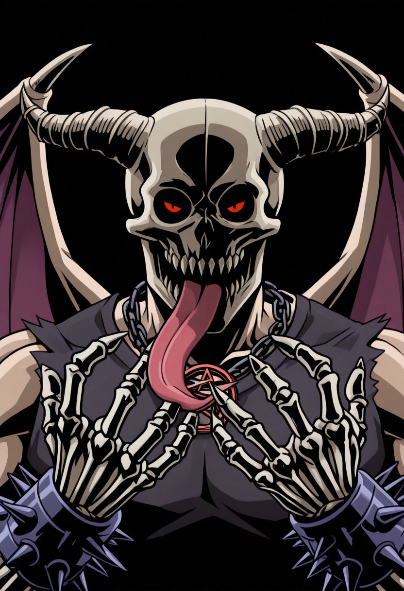 M4j0r4, anime coloring, (dark shading 1.4),chidaruma, portrait, face focus, close-up, 1boy, tongue out, demon wings, spiked bracelet, teeth, fingernails, pentagram, black background, skeletal hands, bold lines, high contrast, dramatic shadows, rough textures, strong comic book aesthetic, Black outline, thick outline,