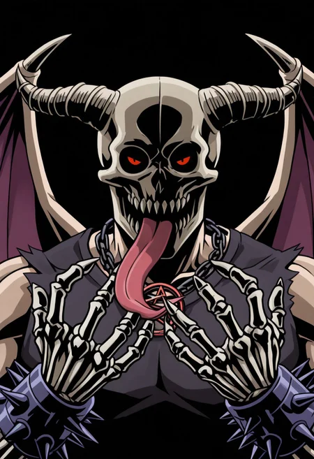 M4j0r4, anime coloring, (dark shading 1.4),chidaruma, portrait, face focus, close-up, 1boy, tongue out, demon wings, spiked bracelet, teeth, fingernails, pentagram, black background, skeletal hands, bold lines, high contrast, dramatic shadows, rough textures, strong comic book aesthetic, Black outline, thick outline,