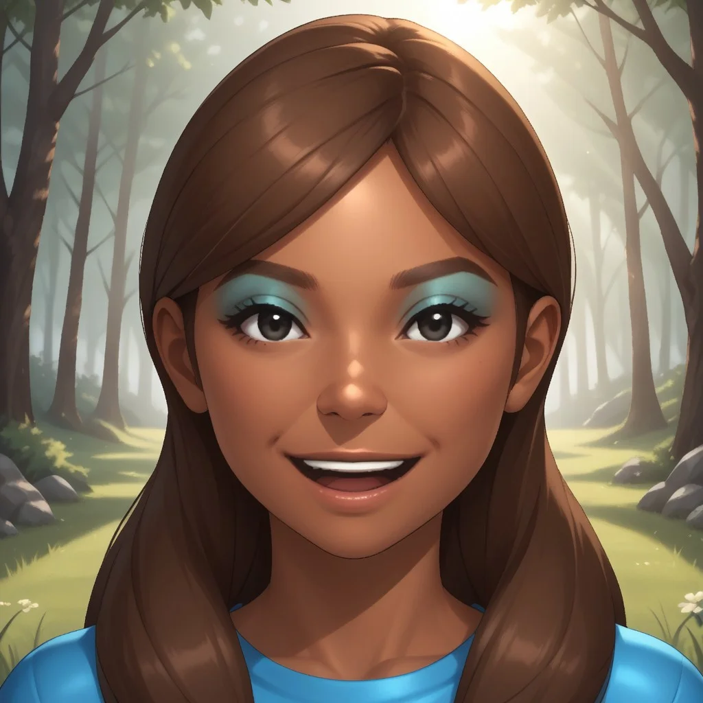 score_9, score_8, BREAK, solo, wii, mii, wii sports, 1girl, female mii, black eyes, brown hair, brown eyebrows,  blue eyeshadow, dark skin, open mouth, cyan clothing, white pants, sneakers, nintendo mii, modern_mii, classic_mii, breasts, haruka_(wii_sports), cute, sexy pose, smile, outdoors, sunlight, shadows, evening lighting, natural lighting, forest, trees, grass, orange sky, sunset