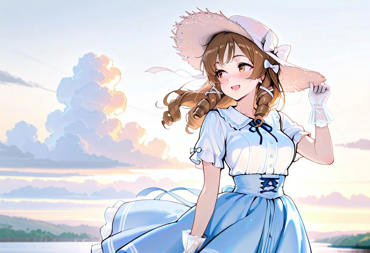 masterpiece, best quality, amazing quality, girl, brown hair, perfect eyes, portrait shot, long hair, ringlets hair, bangs, medium breasts, 8k, highest quality, ultra details,1girl, solo,
Southern Belle, (blue:1.4) hoop skirt dress, cinched waist, short sleeves, hair bow, hair ribbons, white wide brim straw hat, medium breasts, white silk gloves, blush, looking to the side, cute open mouth smile, strong wind, hair blowing in the wind, holding dress down with hand, holding down hat with hand, dress blowing in the wind, sunny day, summer season,standing, on a river steamboat, Mississippi river background, fluffy white clouds, outdoors, warm colors, warm lighting