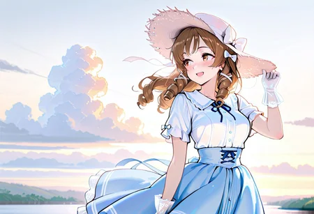 masterpiece, best quality, amazing quality, girl, brown hair, perfect eyes, portrait shot, long hair, ringlets hair, bangs, medium breasts, 8k, highest quality, ultra details,1girl, solo, 
Southern Belle, (blue:1.4) hoop skirt dress, cinched waist, short sleeves, hair bow, hair ribbons, white wide brim straw hat, medium breasts, white silk gloves, blush, looking to the side, cute open mouth smile, strong wind, hair blowing in the wind, holding dress down with hand, holding down hat with hand, dress blowing in the wind, sunny day, summer season,standing, on a river steamboat, Mississippi river background, fluffy white clouds, outdoors, warm colors, warm lighting