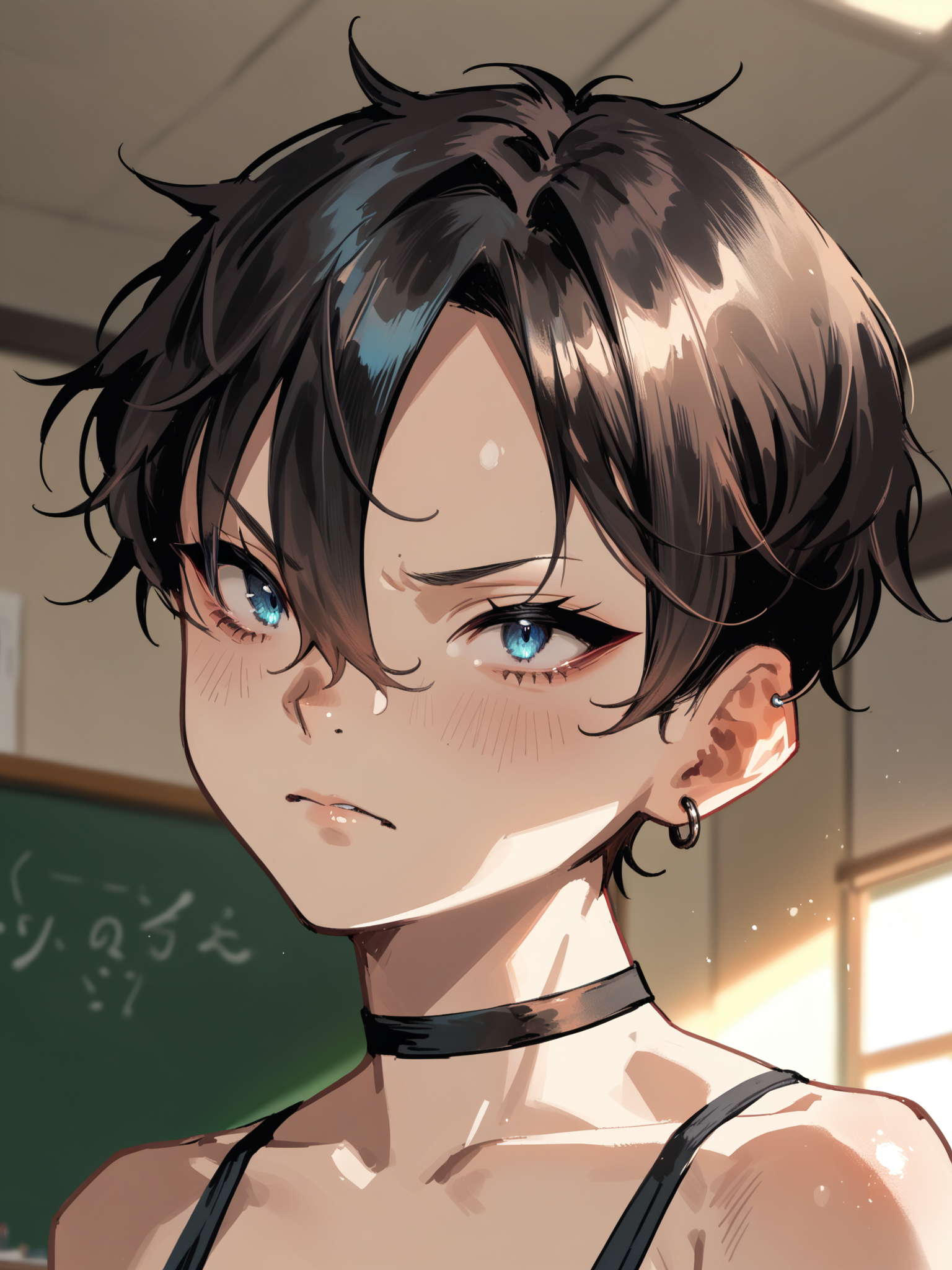 <lora:happy_tentacle-netsureina-v0.1:1>, ht_netsureina, earrings, choker, small breasts, blue eyes, black hair , annoyed, indoors, classroom cowboy shot, 1girl, (petite:1.2), solo focus, (looking at viewer:1.1), backlighting, (depth of field:0.8), (from below:0.8), [(realistic, photorealistic:1.2):(realistic:1.3):22], [(3d:1.2)::10], <lora:LUUNA's Lunas-NijiJourney-SDXL-B2:0.6>, nijijourney, <lora:prgfrg23's Counterfeit-V3.0 Style SDXL_LoRA_Pony Diffusion V6 XL:0.3> score_9, score_8_up, score_7_up, score_6_up, score_5_up, score_4_up