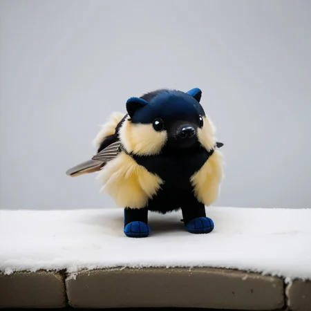 score_9, score_8_up, score_7_up, pikaole, no humans, animal focus, (great tit:1.05), fur, full body, solo, blurry background, (plush doll:0.8), cute, rating_safe, source_furry, pikaole, source_photorealistic