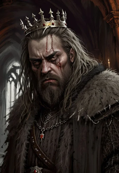 (horror-themed digital painting in jrst artstyle:1.2) about a mad king, close-up portrait, hair down, dirty, stubble beard, sad, depressed, tear, tattered noble outfit, crumbling palace interior, unsettling, terrifying, dark, spooky, suspenseful, grim, highly detailed