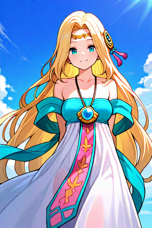 masterpiece, High quality, Ultra detailed, 2d, newest, absurdres, highres, BREAK
1girl, solo, <lora:cygnus:0.8>, cygnus_(maplestory), very long hair, blonde hair, hair ornament, jewelry, circlet, blue eyes, smile, 
medium breasts, cygnusDef, collarbone, bare shoulders, white dress, center dress ornament, shawl, necklace,
