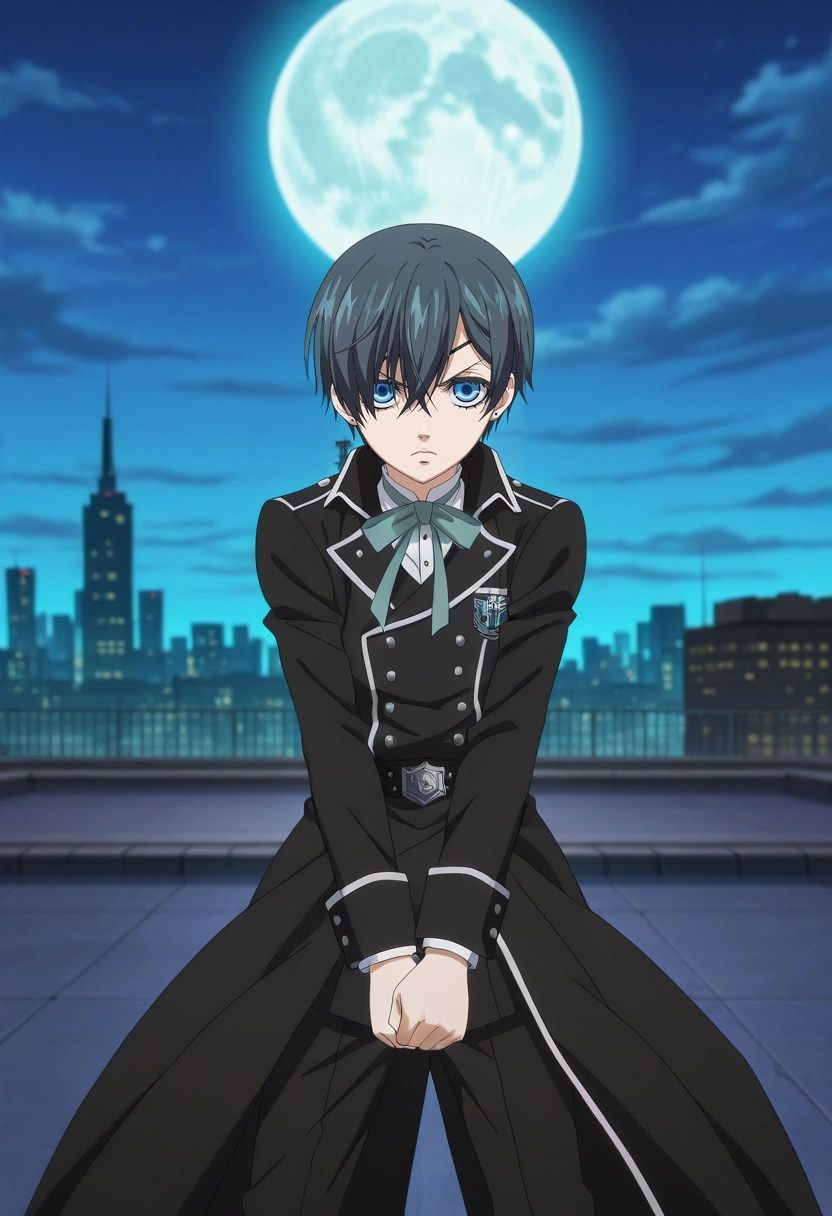 masterpiece, best quality, , anime screencap, anime coloring, official style, looking at viewer, 1boy, solo, male focus, <lora:ciel_phantomhive_ilxl:0.98>, ciel_phantomhive, black hair, blue eyes, short hair, , rooftop battlefield, glowing moon, towering skyline, shadowy opponents, fighting pose, intense expression, midnight glow,