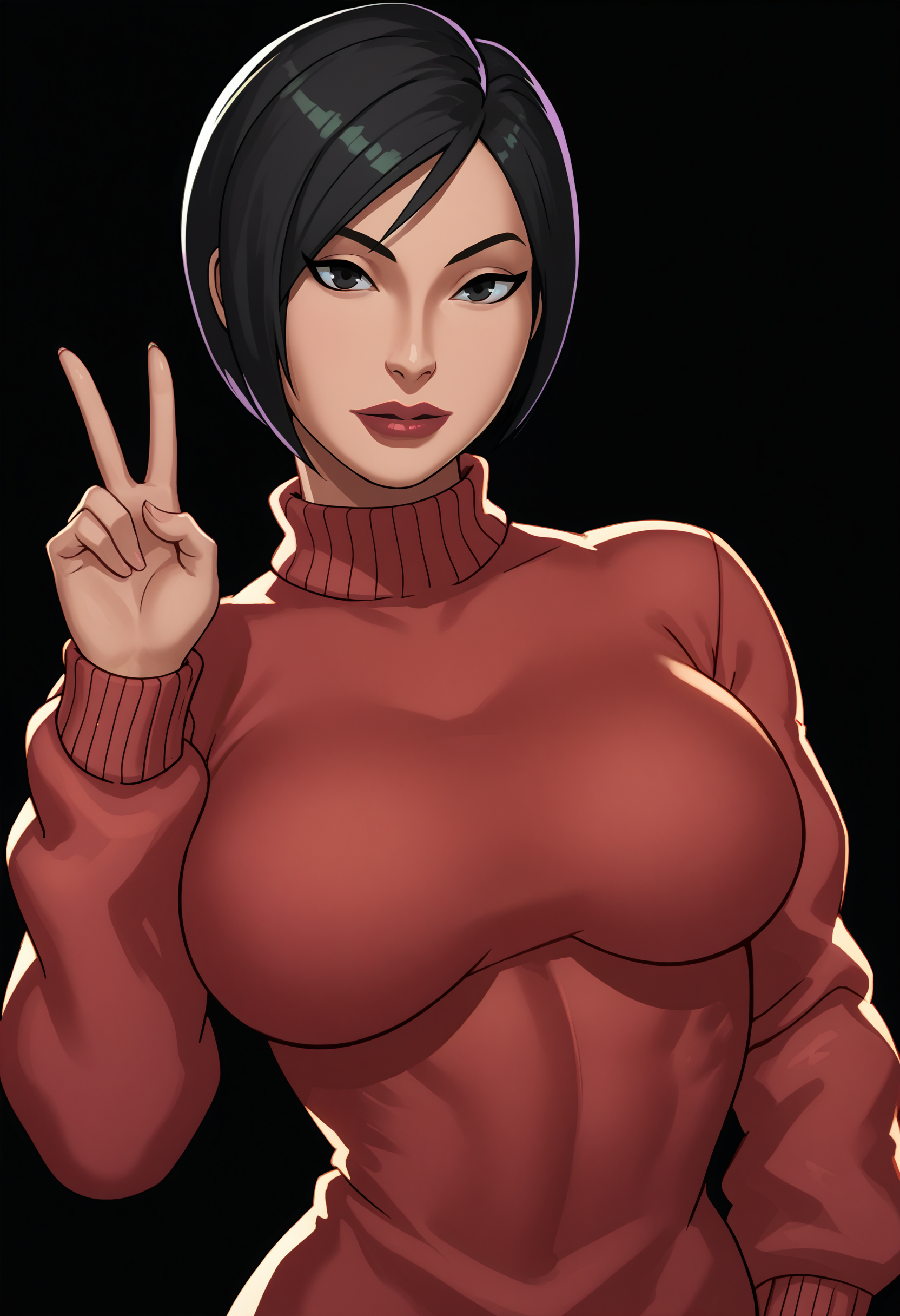 score_9, score_7_up <lora:somethingunlimited-guy-PONY-DORAv1:1>, 1girl, solo, ada wong, sweater, portrait, black background, large breasts, v, looking at viewer
