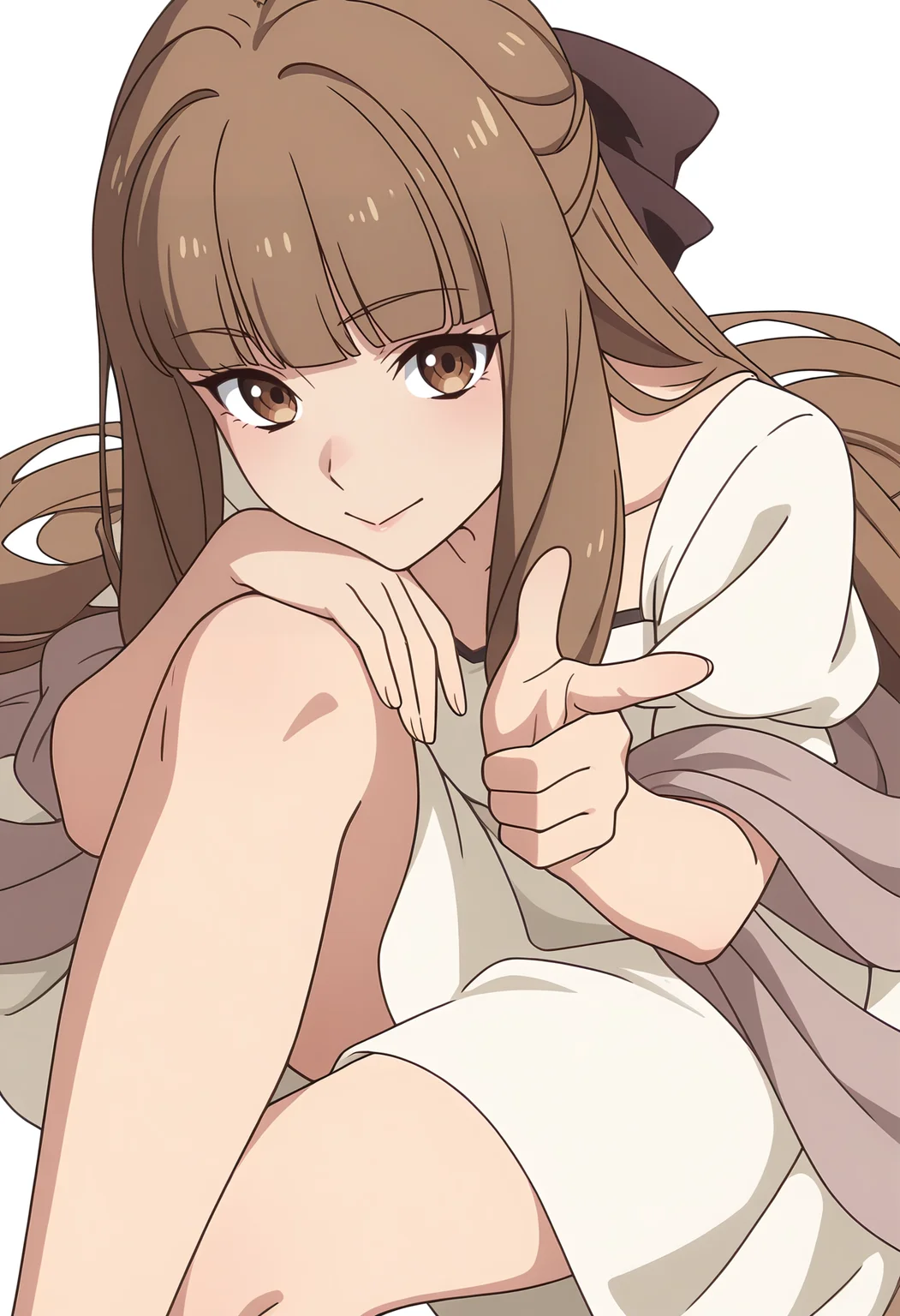 Smooth Quality,masterpiece,very intricate, high quality details, ultra realistic, high detailed skin,detailed enviorement,
white background, simple background,
from above,:>,finger gun,reclining pose, one leg crossed over the other, arm draped over backrest, calm demeanor, ,
<lora:Klyrode_Elizabeth_Cinabrio:0.8> klyrodeelizabeth/cnn, 1girl,brown hair, long hair,brown eyes, blunt bangs, very long hair,dress, short sleeves, white dress, shawl,hair bow,