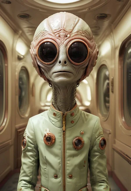 A cute, happy alien in a spacesuit, surreal
