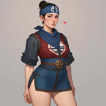 score_9, score_8_up, score_7_up, score_6_up, warm lighting,
CathayGunner, single bun, bandana, mature woman, voluptuous woman, black hair, black eyes,
looking at viewer, blush, lidded eyes, horny, aroused, hearts, short skirt, panty peek,
<lora:Cathay_Gunner:0.8>