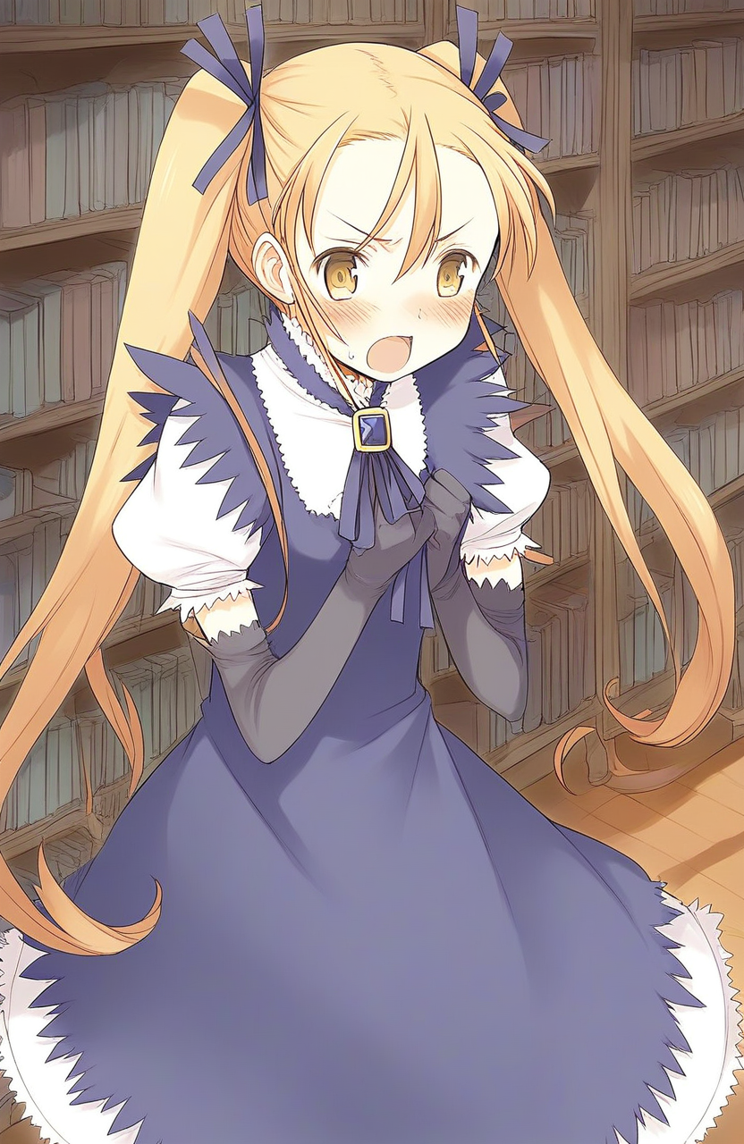 score_9, score_8_up, score_7_up, source_anime, rating_explicit, BREAK  <lora:Aliese_Martini_Ver2.0_XL:1> aliese_martini, 1girl, solo, yellow eyes, gloves, blonde hair, elbow gloves, oekaki, dress, open mouth, ribbon, blush, anger, library, room,