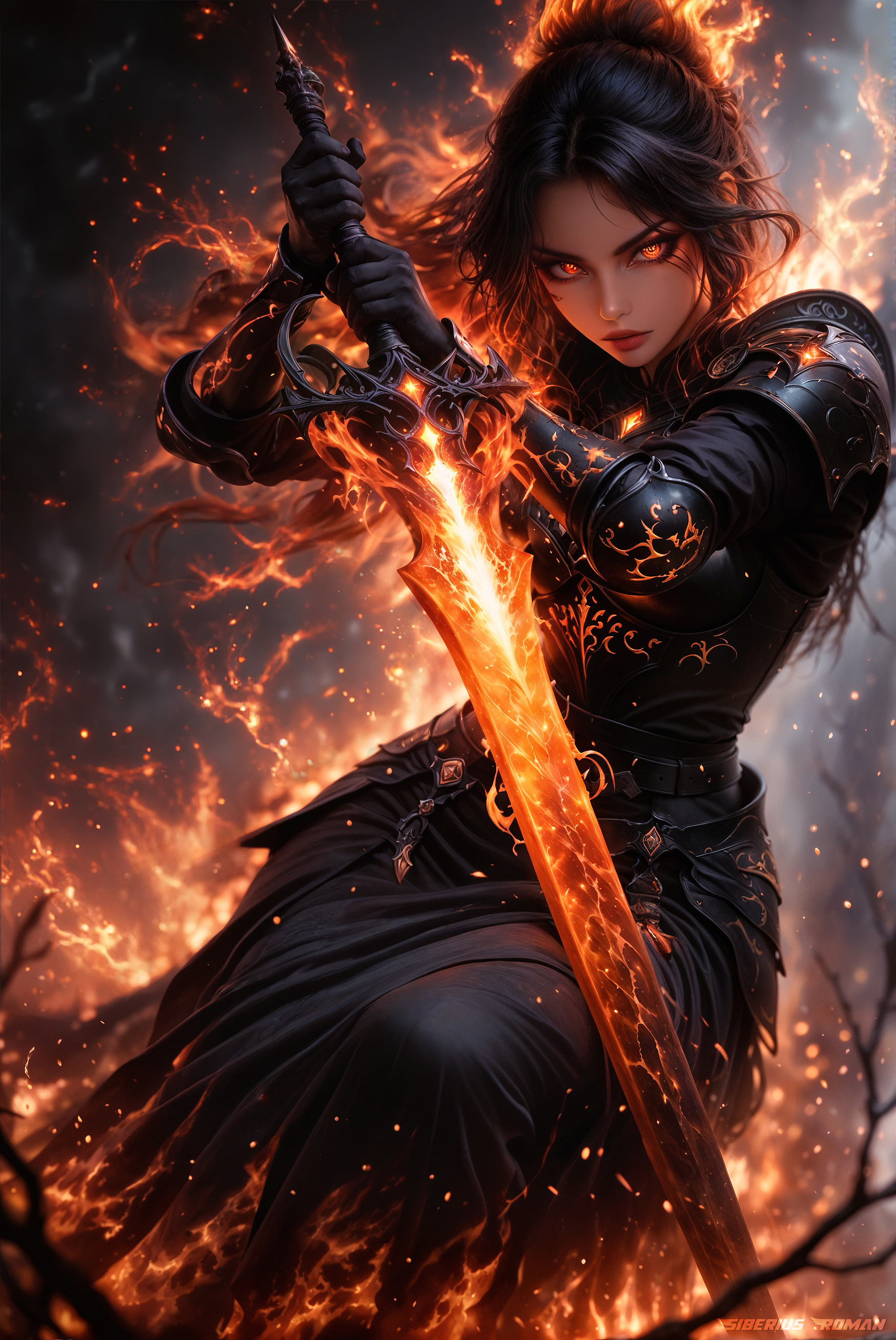 Dark-haired female figure, young adult, in full dark armor and long gown, holding a glowing, ornate sword.  Fiery, dramatic lighting. FIRE BURNING EYES, Dramatic, intense, dark fantasy style.  Full-body shot, medium close-up.  Character's pose is steadfast, confident.  Armor is detailed, textured, emphasizing strength.  Gown is flowing, draping around her form.  Expression is serious, focused.  Sword is the focal point, glowing with an inner light, emphasized by the fiery flames around it.  Background is dark, smoky, ethereal.  Small sparks and glowing particles enhance the dramatic atmosphere.  Dramatic contrast between dark armor/gown and glowing sword and fiery effects.  Realistic lighting enhances the 3D nature of the scene.  Style is anime-inspired, character design is stylized.  Composition is centered, drawing the viewer's eye to the central character and her weapon.  Perspective is from slightly below, creating a sense of power.  Soft, smooth textures with subtle highlights.  Predominant colors are dark gray, black, with accents of orange/red in the flames and glowing details on the sword.  Emotional tone is intense, powerful, and majestic.  Unique features include the fiery sword and the dynamic background.  Atmospheric perspective and light effects enhance the artistic impression.