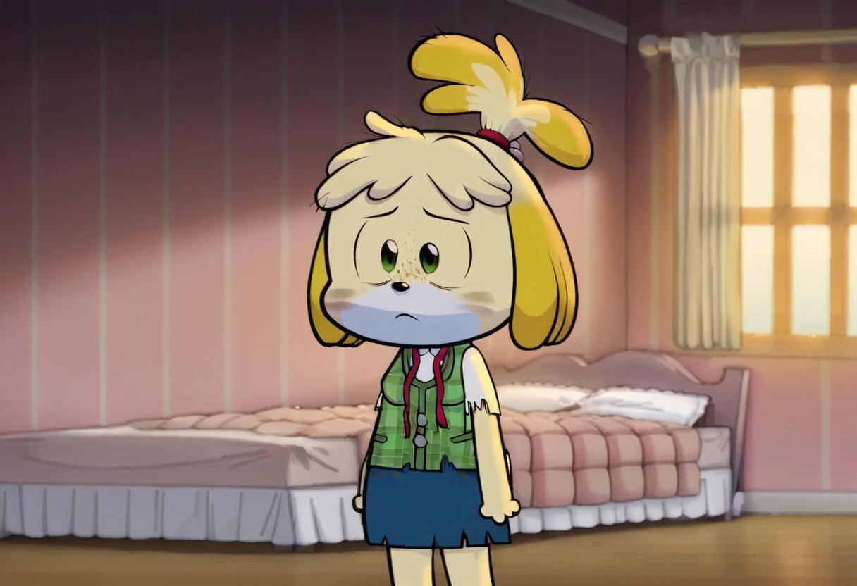 score_9, score_8, score_7, source_anime, isaruieve, 1girl, solo, white shirt, indoors, green vest, short sleeves, blue skirt, standing, hair tie, plaid vest