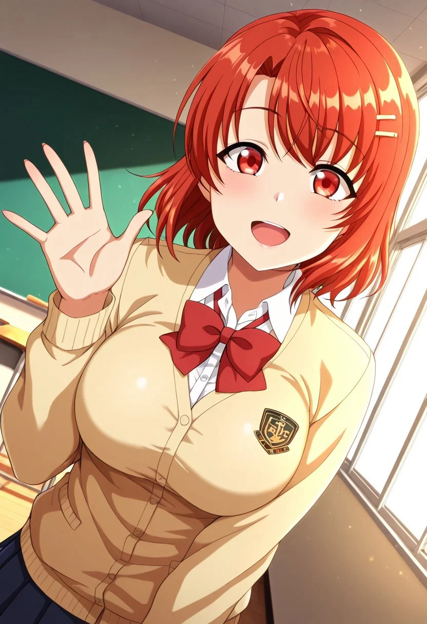 general,highres, ultra-detailed,very aesthetic,best quality ,best hands,best eyes,easynegative,
dynamic anglre, dutch angle, anime cloring,
1girl solo,looking at viewer,school, indoors, smile, open mouth, waving hand,
Yui OBATA,red hair, short_hair, hairclip, red eyes,large breasts,school uniform