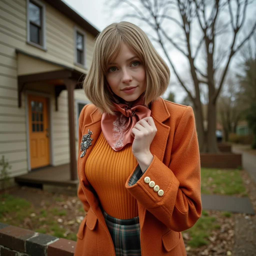 watercolor painting horror-themed analog film photo <lora:AshleyR4:1> a close up, a candid, half body shot, close up shot, aslx, costume, aslx, a woman wearing an ashley graham costume with orange jacket, plaid skirt, blond hair styled in a bob, she's in creepy old town, leaning on a house wall, ultra detailed, ultra realistic, ultra quality, cinematic, cinematic lighting, ultra detailed . faded film, desaturated, 35mm photo, grainy, vignette, vintage, Kodachrome, Lomography, stained, highly detailed, found footage, RAW candid cinema, 16mm, color graded portra 400 film, remarkable color, ultra realistic, textured skin, remarkable detailed pupils, realistic dull skin noise, visible skin detail, skin fuzz, dry skin, shot with cinematic camera . eerie, unsettling, dark, spooky, suspenseful, grim, highly detailed . vibrant, beautiful, painterly, detailed, textural, artistic