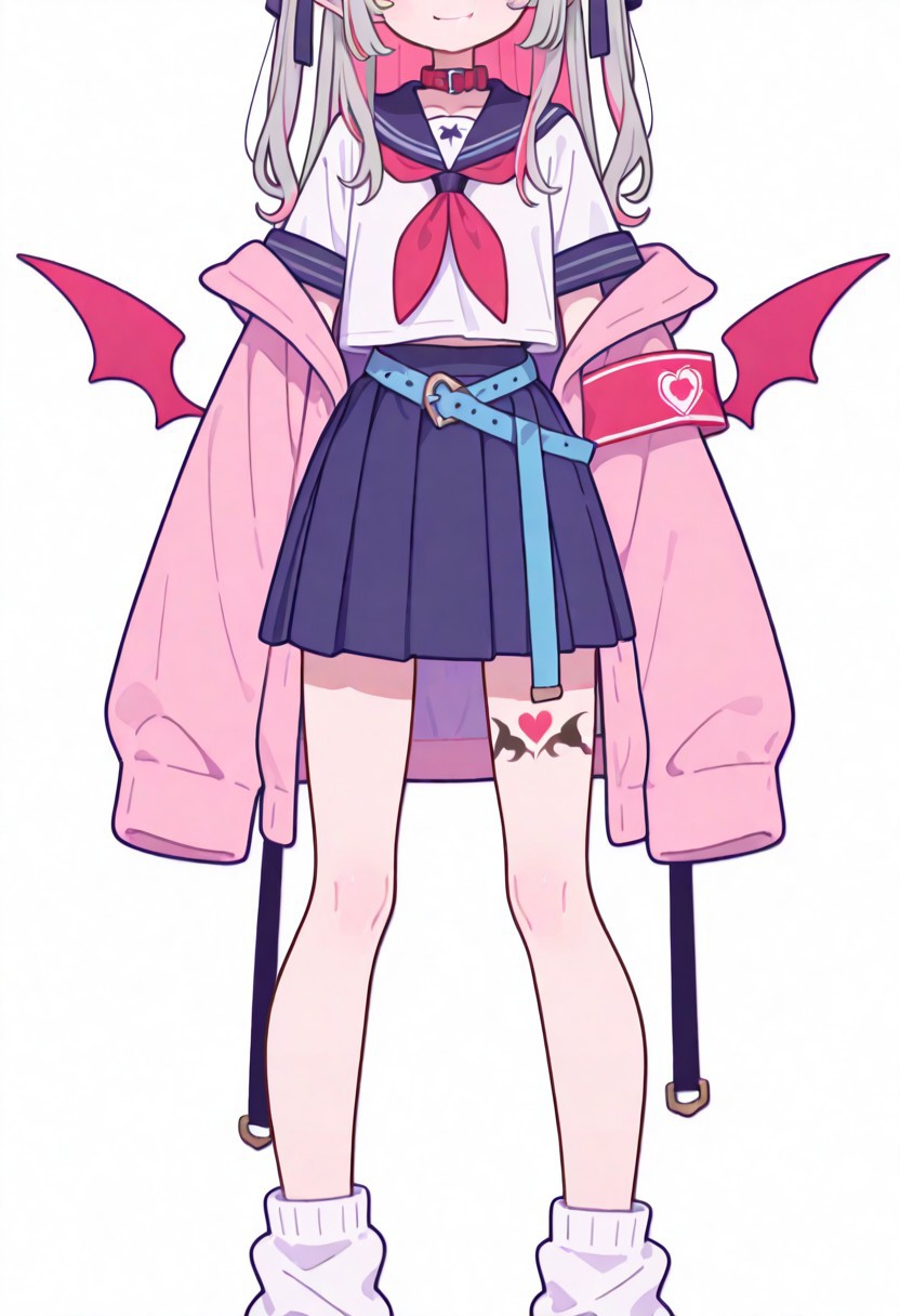 Flatline, Flat vector illustration, looking at viewer, full_body, 
niji-ririmu,flat chest,red eyes,long eyelashes,grey hair,streaked hair,multicolored hair,pink inner hair,pointy ears,fang,heart tattoo,tattoo around thigh,long hair,two side up,black hair ribbon,saggy hair ribbon,red wings,demon wings, 
niji-ririmucos1,serafuku,white shirt,short sleeves shirt,red neckerchief,midriff,blue belt,loose belt,blue skirt,miniskirt,pleats skirt,white socks,loose socks,red choker,red collar,pink jacket,off shoulder jacket,armband,long sleeves,sleeves past wrists,sleeves past fingers, 
slim, slender, fair skin, clear skin, beauty skin, smooth skin, shiny skin, beautiful legs, long legs, 
from front, front view, straight-on, look at viewer, standing, (legs apart:1.4), 
white background,