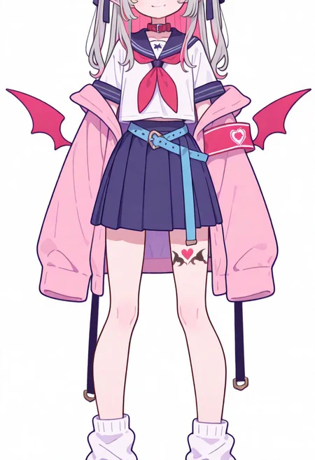 Flatline, Flat vector illustration, looking at viewer, full_body,
niji-ririmu,flat chest,red eyes,long eyelashes,grey hair,streaked hair,multicolored hair,pink inner hair,pointy ears,fang,heart tattoo,tattoo around thigh,long hair,two side up,black hair ribbon,saggy hair ribbon,red wings,demon wings,
niji-ririmucos1,serafuku,white shirt,short sleeves shirt,red neckerchief,midriff,blue belt,loose belt,blue skirt,miniskirt,pleats skirt,white socks,loose socks,red choker,red collar,pink jacket,off shoulder jacket,armband,long sleeves,sleeves past wrists,sleeves past fingers,
slim, slender, fair skin, clear skin, beauty skin, smooth skin, shiny skin, beautiful legs, long legs,
from front, front view, straight-on, look at viewer, standing, (legs apart:1.4),
white background,