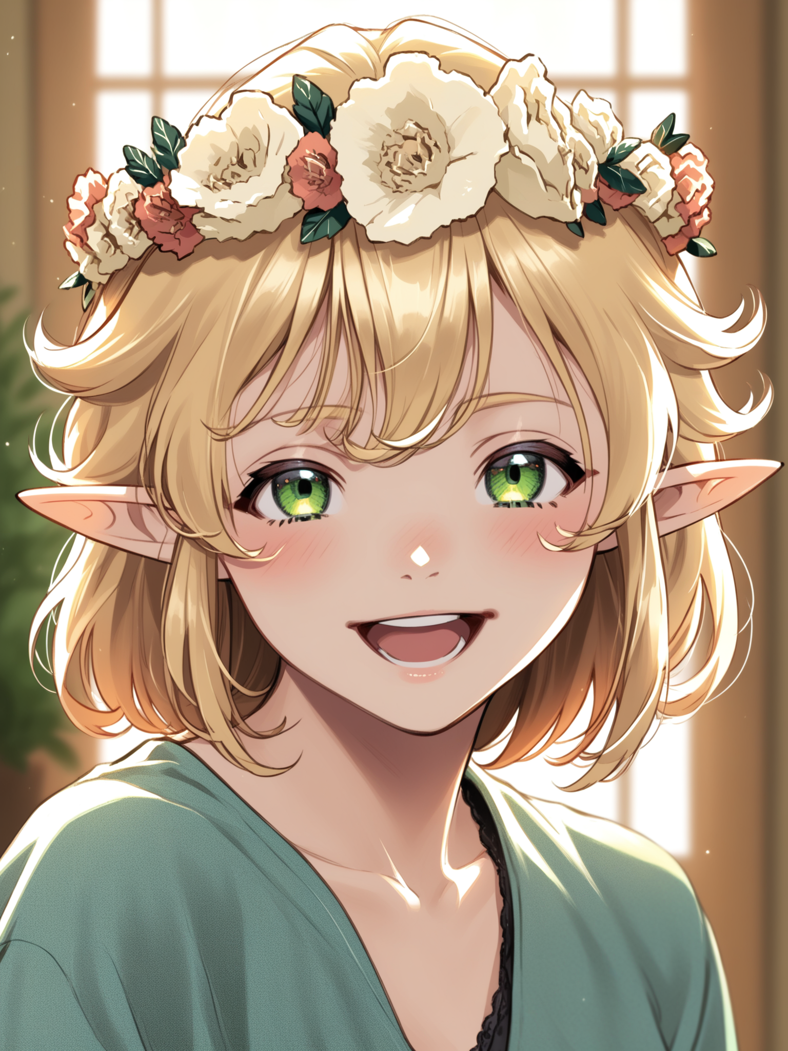 <lora:happy_tentacle-tsuruelko-v0.1-000011:1>, ht_tsuruelko, head wreath, blonde hair, green eyes, medium breasts , smile, open mouth, indoors, cowboy shot, 1girl, solo focus, (looking at viewer:1.1), , (depth of field:0.8), , [(realistic, photorealistic:1.2):(realistic:1.3):22], [(3d:1.2)::10], <lora:LUUNA's Lunas-NijiJourney-SDXL-B2:0.6>, nijijourney, <lora:prgfrg23's Counterfeit-V3.0 Style SDXL_LoRA_Pony Diffusion V6 XL:0.3> score_9, score_8_up, score_7_up, score_6_up, score_5_up, score_4_up