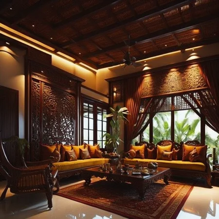 <lyco:Indonesian_style_interior_design_Sa_May:1.0> Indonesian style interior design of  living room