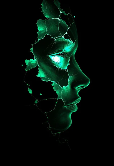 Deep emerald anime silhouette, Contrast tones, ephemeral, desolate,Art of a hollow face, face made of marble resin material that has cracks and holes, A glowing eye seen inside the face from the holes,A highly detailed photograph, HD, 8K quality, ultra-detailed, masterpiece artwork, features a dramatic interplay of light and shadow  A single light source , These hollow lines sharply highlight the contours of her face
