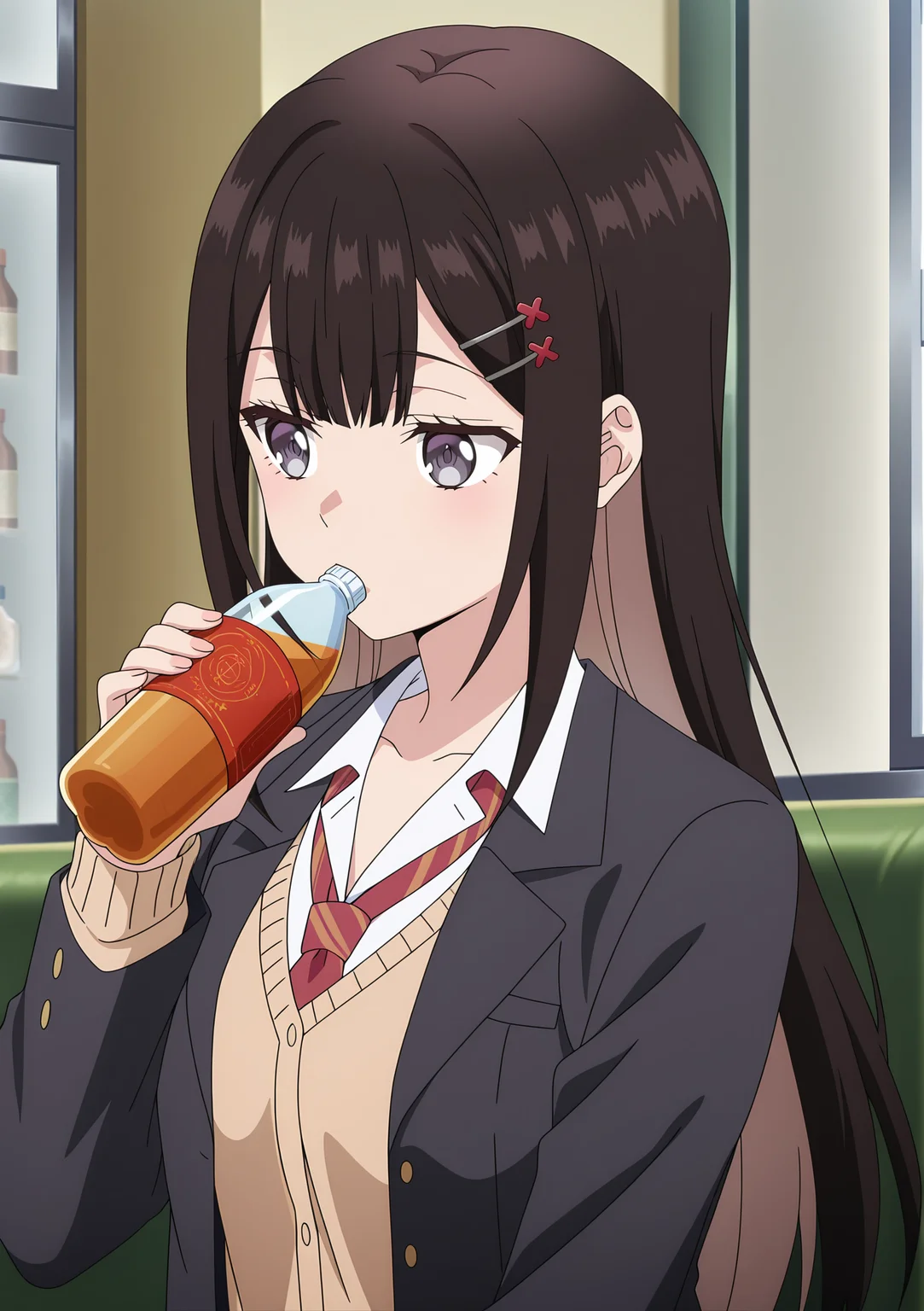 detailed background, official style,anime coloring, (anime screencap) masterpiece, detailed face,1girl <lora:Rion_Enomoto:0.8>Rion, solo, drinking, long hair, hair ornament, necktie, jacket, bottle, blazer, holding, school uniform, indoors, open clothes, shirt, red necktie, upper body, collared shirt, holding bottle, cowboy shot, white shirt, black jacket, open jacket, cardigan, dark brown hair, bangs, hairclip, grey eyes, long sleeves, light brown hair