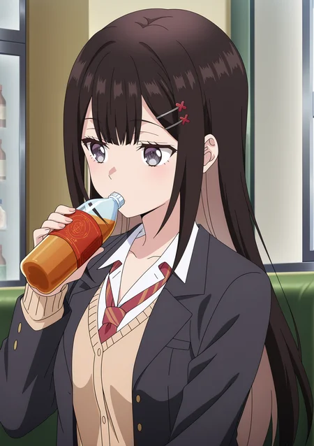detailed background, official style,anime coloring, (anime screencap) masterpiece, detailed face,1girl <lora:Rion_Enomoto:0.8>Rion, solo, drinking, long hair, hair ornament, necktie, jacket, bottle, blazer, holding, school uniform, indoors, open clothes, shirt, red necktie, upper body, collared shirt, holding bottle, cowboy shot, white shirt, black jacket, open jacket, cardigan, dark brown hair, bangs, hairclip, grey eyes, long sleeves, light brown hair