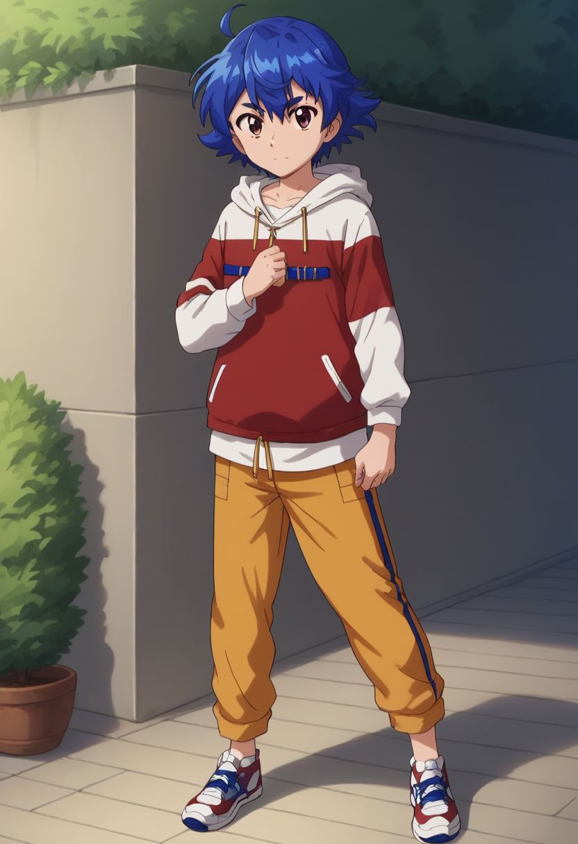 score_9, score_8_up, source_anime, highly detailed, 
riki, 1boy, solo, blue hair, short hair, shoes, male focus, looking at viewer, brown eyes, sneakers, hoodie, red hoodie, white hoodie, two-colours hoodie, pants,
yellow pants,
outdoor